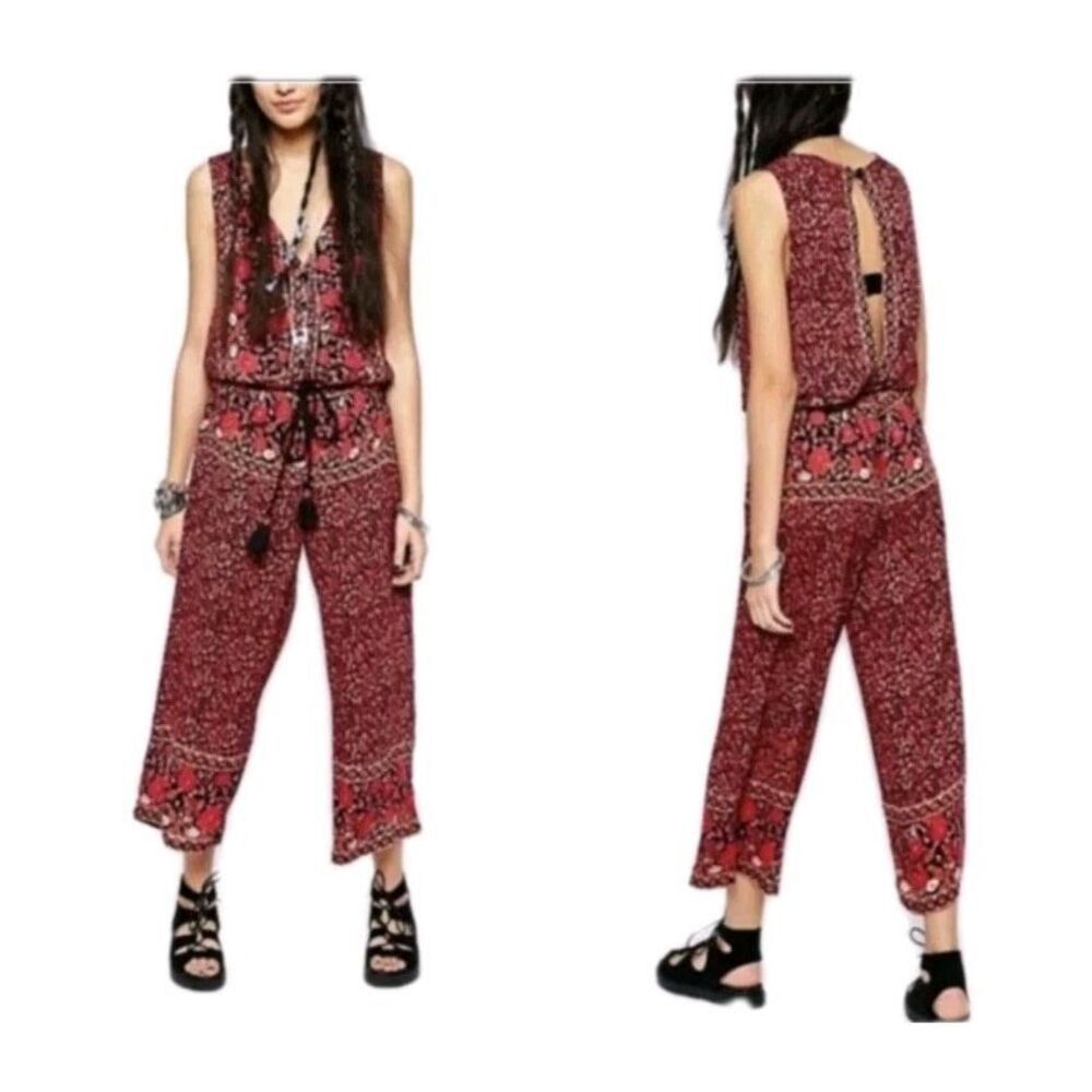$148 Free People XS Black Pink Floral Pocket Open Back Jumpsuit Anthropologie